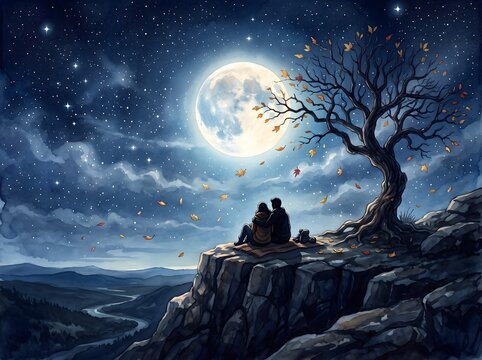Serene Couple Sharing Intimate Moonlit Moment on Cliff Edge Beneath Glowing Autumnal Tree and Starry Night Sky