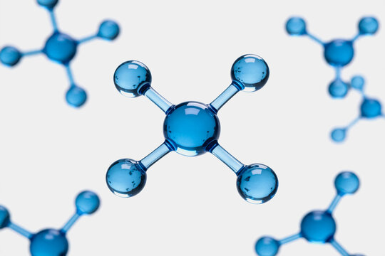 3D rendered transparent blue methane molecule models, multiple structures on white background, for scientific and educational use.