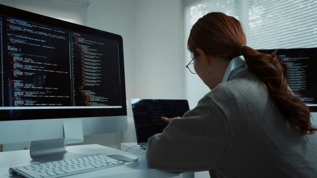Female programmer coding and developing new software on multiple computer screens in an office