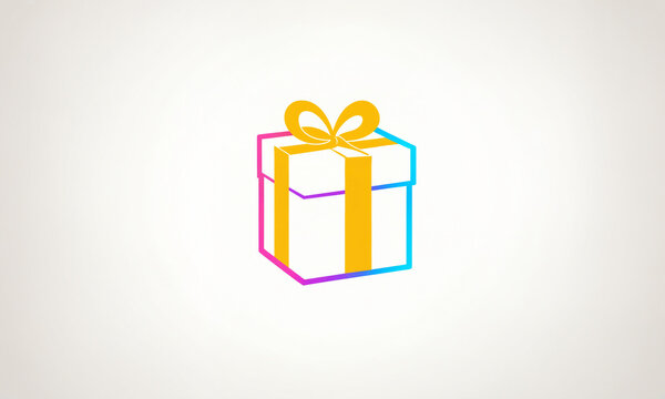 a single rectangular present box tied neatly with a vibrant yellow ribbon and topped with a large festive bow showing colorful gradient outlines