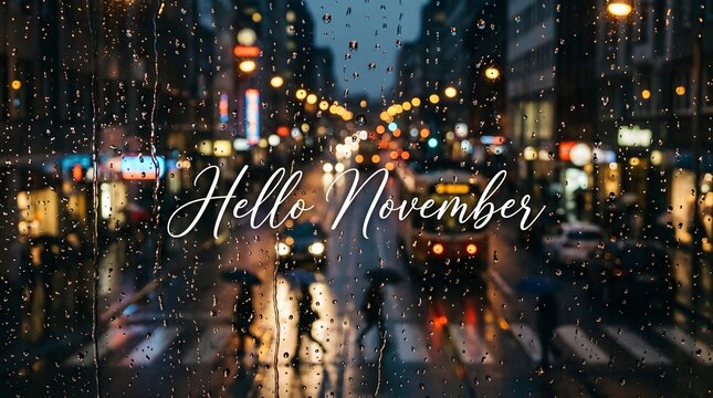 Rainy evening city street view through a window with raindrops, bokeh lights, and hello november text overlay