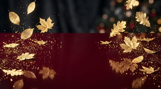 Golden autumn leaves and glitter falling, celebrating fall season with festive bokeh lights in background.