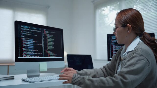 Asian female computer programmer coding and developing new software on her desktop computer in a modern office