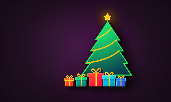 gradient green christmas tree with yellow glowing star on top and five colorful wrapped gift boxes in red green blue orange below on dark purple surface