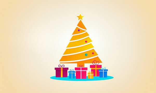 orange gradient christmas tree with white diagonal stripes hanging colorful baubles yellow star and gift boxes on blue base