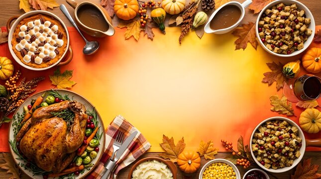 Traditional thanksgiving dinner spread with whole roast turkey stuffing sweet potato casserole and sides on rustic wooden background.