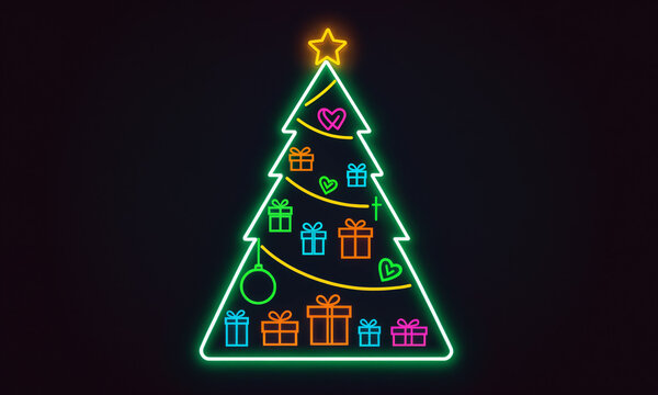 neon christmas tree outline filled with colorful gift boxes hearts baubles cross and yellow star on dark background