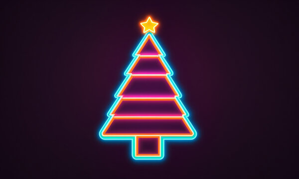 neon christmas tree with glowing star top and layered horizontal sections in cyan orange and pink outlines against dark purple backdrop