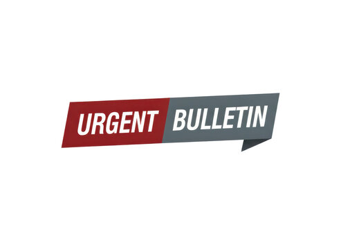 Urgent bulletin text banner in red and grey colors for news announcements and important information alerts