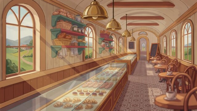 Cozy vintage bakery interior with glass display cases during warm afternoon Diwali sunlight