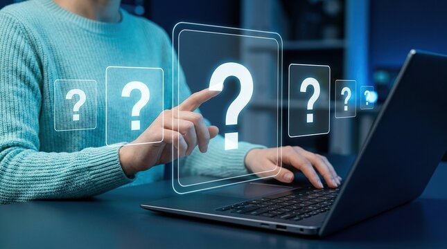 Person using a laptop with digital holographic question mark icons representing uncertainty and online technical support