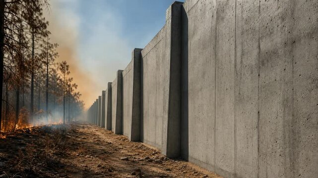 Concrete firebreak wall borders scorched forest ground beside smoky wildfire, burning woodland, urgent environmental danger and protective barrier