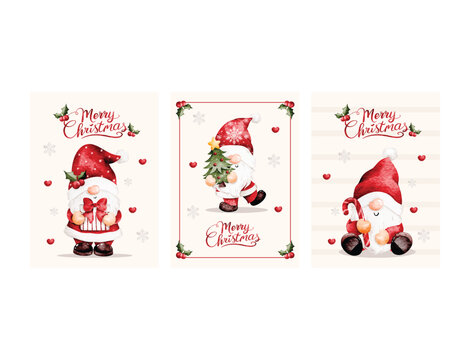 Watercolor Illustration Set of Christmas Greetings with Cute Gnomes and Christmas Elements