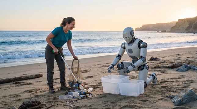 Volunteer woman and a humanoid robot cleaning plastic trash and debris from a sandy ocean beach during sunset