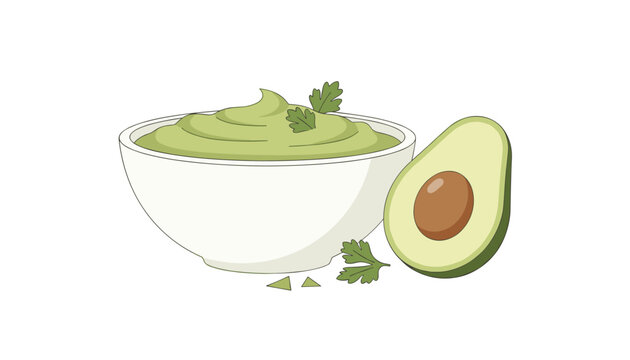 Freshly prepared green guacamole dip in a white ceramic bowl next to half of a ripe avocado with coriander.