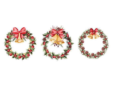 Watercolor Illustration Set of Christmas Wreath