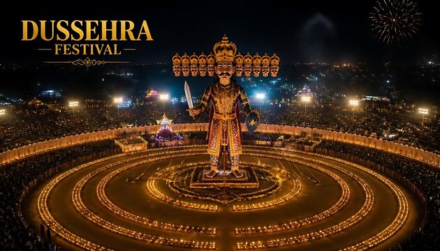Large effigy standing in center of lit circle for dussehra festival with dussehra