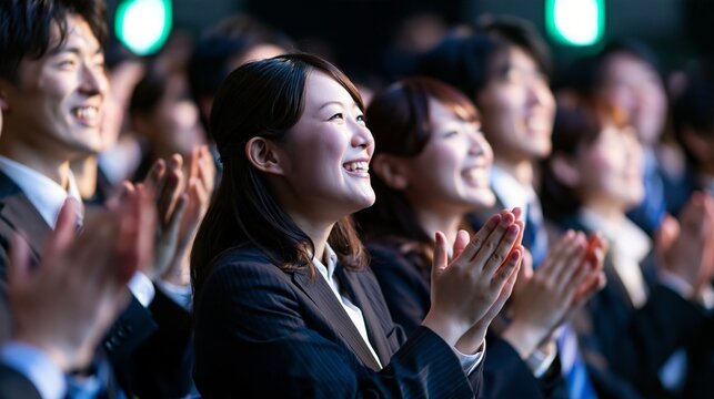 セミナー会場で発表者の素晴らしいスピーチに笑顔で拍手を送る女性