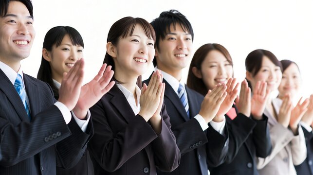 プロジェクトの成功を祝福し全員で笑顔で拍手を送り合うスーツ姿の社員たち