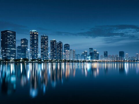 夕暮れから夜へと移り変わる都会の水面にきらびやかに反射する高層ビル群