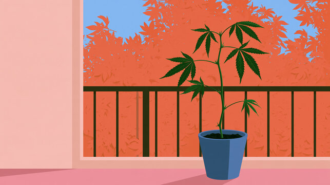 Cannabis Plant in a Blue Pot by an Autumn Balcony Rail