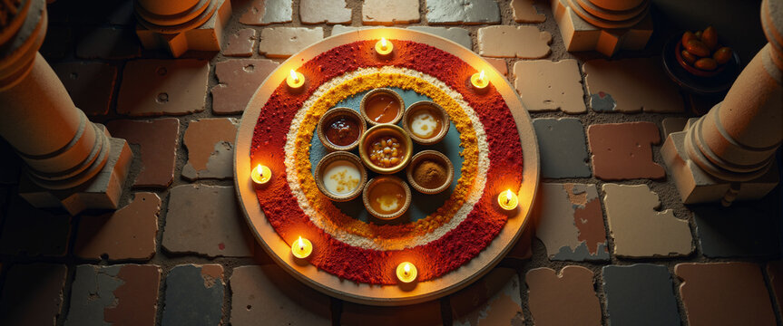 Top-Down Temple Courtyard Rangoli Mandala Diyas No People For Travel Blogs Cultural Sites And Holiday Greeting Cards