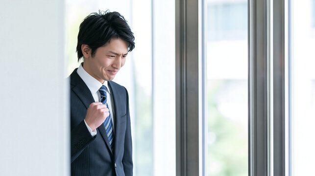 商談の成功を確信し力強くガッツポーズをして目を閉じるビジネスマン