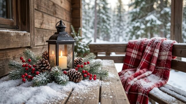 Winter porch with lantern and plaid blanket