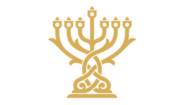 Elegant golden seven branched menorah candelabra symbol of the Jewish faith isolated on a white background.