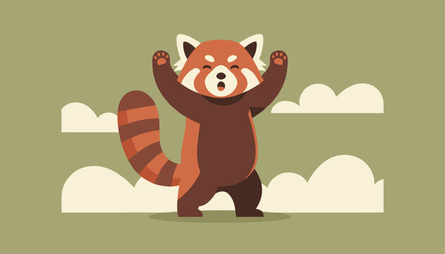 Adorable cartoon red panda bear character standing with paws up on a soft green background with fluffy white clouds.