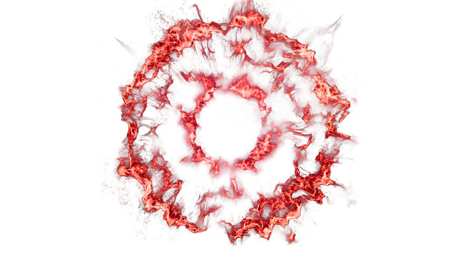 Abstract circular explosion of glowing red particles on transparent background with abstract cir