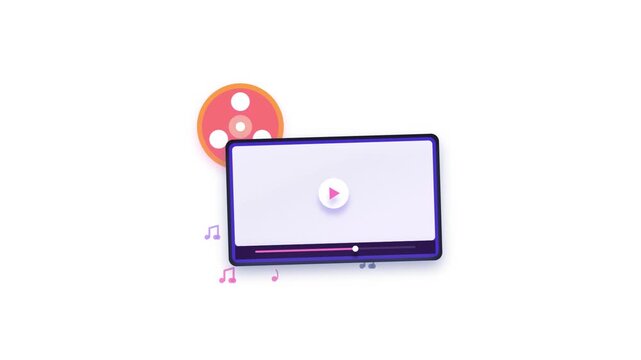 Video player interface with film reel and floating musical notes animation