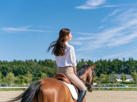 緑豊かな牧草地でたくましい茶色い馬に乗って遠くを見つめる女性の後ろ姿
