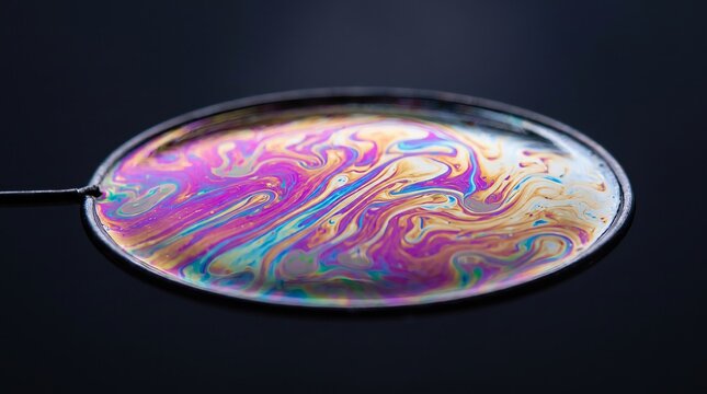 Iridescent soap bubble film swirling with vibrant colors on dark background