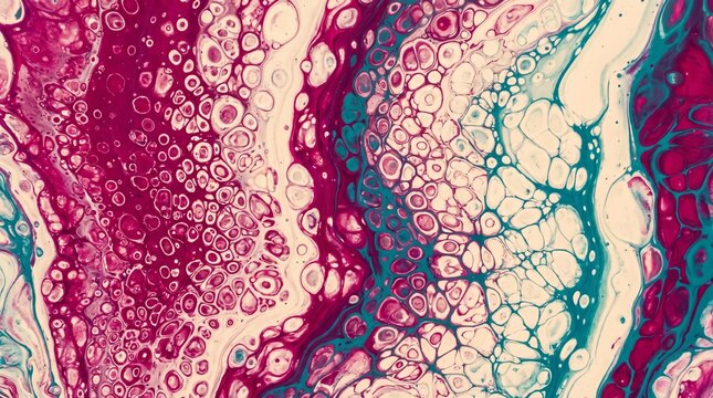 Microscopic tissue cross section with cellular structures in magenta, cream, teal