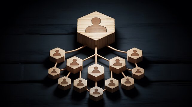 Organizational leadership concept with connected employee icons arranged beneath a central manager