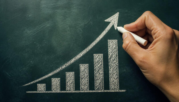 Hand drawing upward growing financial business bar chart with arrow on blackboard background