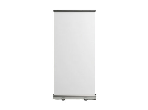 Blank white roll up banner stand isolated on a white background for commercial display
