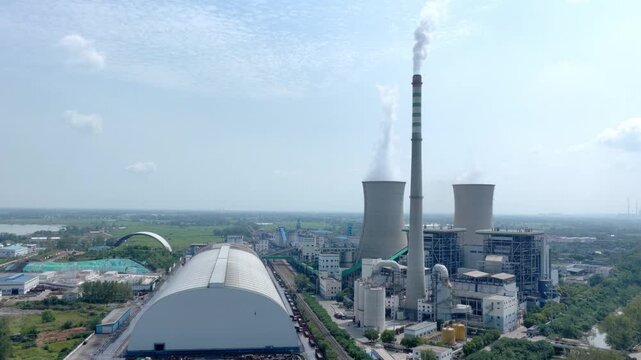 power plant cooling tower chimney smoke panorama