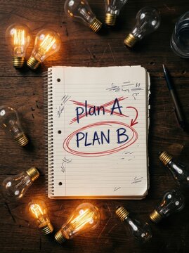 Business Strategy Concept with Plan B Circled in Red on a Notebook Surrounded by Light Bulbs