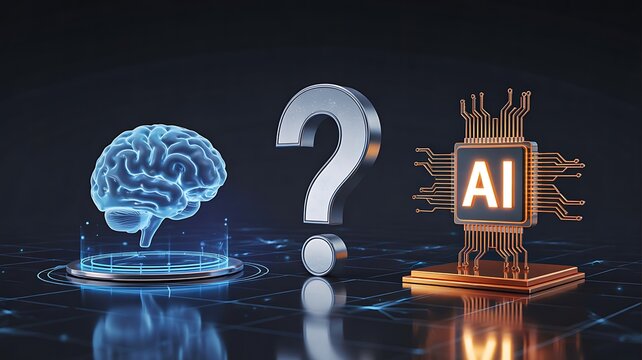AI and human brain concept with question mark representing artificial intelligence