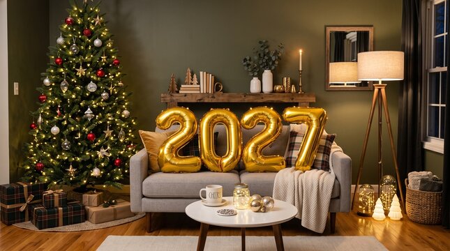 Cozy New Year 2027 Celebration Living Room Interior with Decorated Christmas Tree and Gold Foil Number Balloons on Sofa