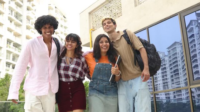 Young diverse indian students collaborating and stacking hands, teamwork, friendship, and togetherness on a college campus Education india.
