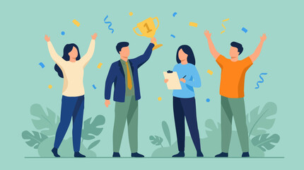 Fototapeta premium Successful business team celebrating victory with a golden trophy and confetti