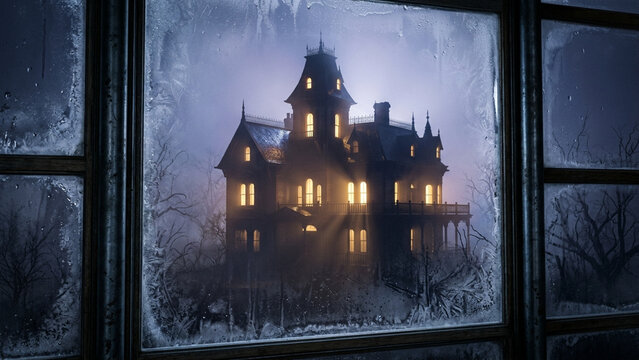 A spooky haunted mansion glows ominously through a frosty winter pane, casting eerie shadows across the dark landscape while glowing windows reveal strange secrets hidden inside the ancient