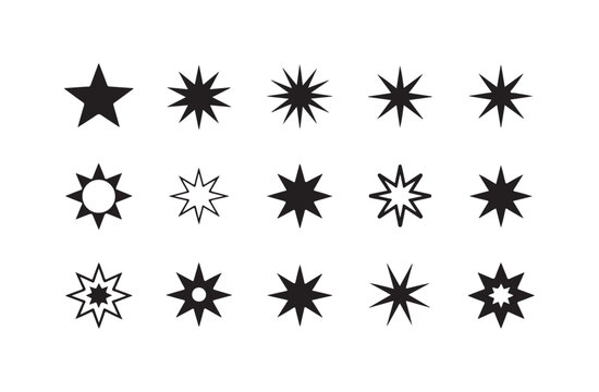 Collection of diverse black star shapes and asterisk symbols on transparent backdrop.