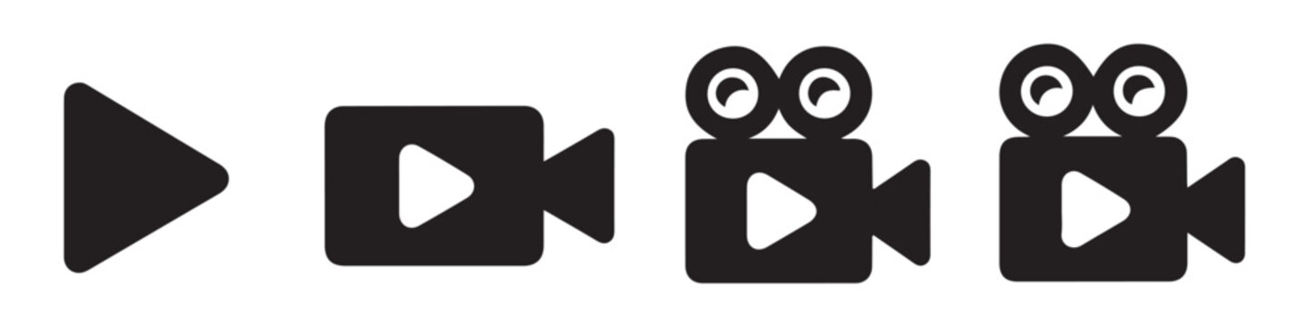 Minimalist multimedia player button progression steps featuring movie camera silhouettes for apps.