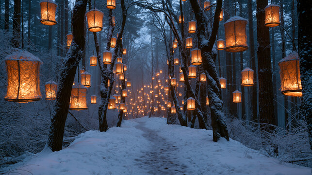 Glowing paper lanterns hanging in snowy winter forest at dusk