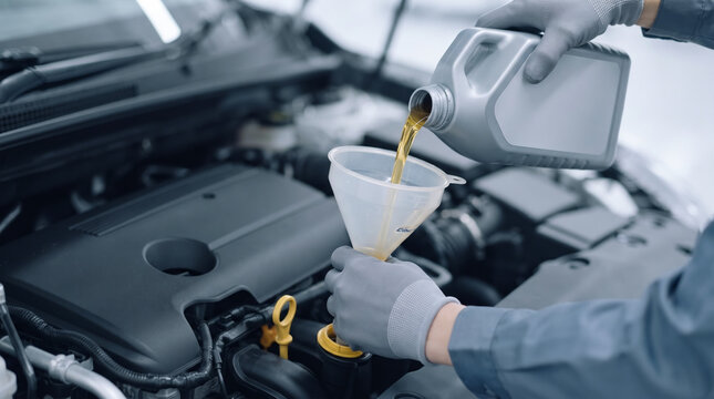 自動車のエンジンルームにエンジンオイルを注入する整備士