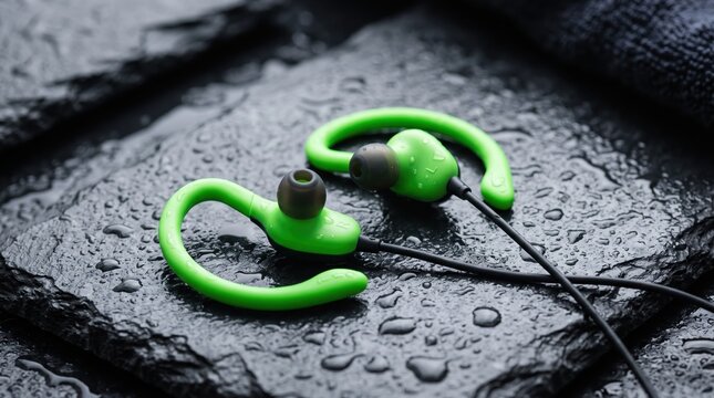 Green sport earphones with ear hooks resting on wet black slate stone surface, highlighting waterproof design for active lifestyle and fitness training.